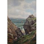 ALBERT DUNNINGTON oil on canvas - figure with basket on cliff path with coastal vessels beyond,