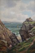 ALBERT DUNNINGTON oil on canvas - figure with basket on cliff path with coastal vessels beyond,