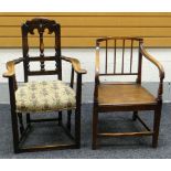 A NINETEENTH CENTURY RAILBACK FARMHOUSE ELBOW CHAIR together with a nineteenth century cushioned