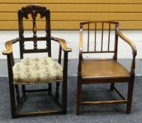 A NINETEENTH CENTURY RAILBACK FARMHOUSE ELBOW CHAIR together with a nineteenth century cushioned