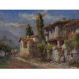 TREVOR HADDON watercolour - Continental scene with ramshackle villa, mule & figure, entitled