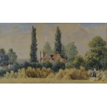 J MATTHEW watercolour - harvest scene with figures & house beyond the field, signed, 13 x 23cms