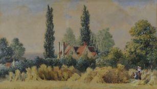 J MATTHEW watercolour - harvest scene with figures & house beyond the field, signed, 13 x 23cms