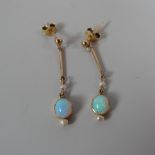 A PAIR OF OPAL & SEED PEARL 9CT GOLD DROP EARRINGS