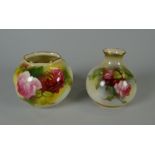 A ROYAL WORCESTER GLOBULAR VASE painted with roses, signed S Pilsbury, together with another similar