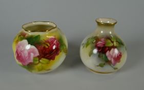 A ROYAL WORCESTER GLOBULAR VASE painted with roses, signed S Pilsbury, together with another similar