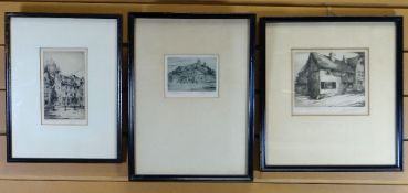 THREE EARLY TWENTIETH CENTURY ETCHINGS of buildings, indistinctly signed, various sizes