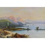 I WILSON watercolour - shoreline with figure, boats & mountain range, signed, 48 x 68cms