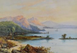 I WILSON watercolour - shoreline with figure, boats & mountain range, signed, 48 x 68cms