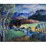 E OUGHTRED BUCHANAN oil on panel - landscape with trees, mountains & fields, with artist's address
