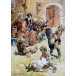 HARRY ROUNTREE watercolour - children's illustration, Snow White seated in a courtyard darning a