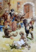 HARRY ROUNTREE watercolour - children's illustration, Snow White seated in a courtyard darning a