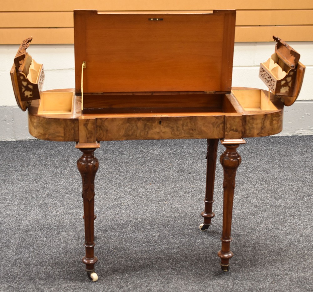 A VICTORIAN BURR WALNUT & MARQUETRY WRITING DESK having a hinging tooled leather top flanked by - Image 2 of 7