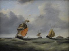 HENRY BIRCHALL oil on canvas, ships in full sail with Mumbles lighthouse in backround entitled verso