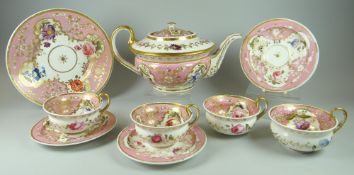 A NINETEENTH CENTURY FLORAL PAINTED PART TEA-SET decorated with floral studies within gilded borders