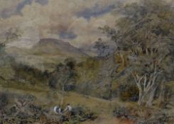 DAVID COX JNR watercolour, expansive landscape with two woodcutters near a glade, signed and dated