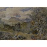 DAVID COX JNR watercolour, expansive landscape with two woodcutters near a glade, signed and dated