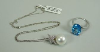 A PEARL & DIAMOND PENDANT & CHRISTOPHER JAMES BLUE STONE RING