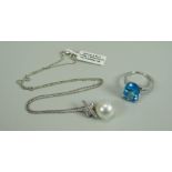 A PEARL & DIAMOND PENDANT & CHRISTOPHER JAMES BLUE STONE RING