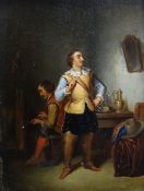 J G SCHULTZE oil on board - interior scene with seated & standing soldier, indistinctly signed, 27 x