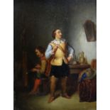 J G SCHULTZE oil on board - interior scene with seated & standing soldier, indistinctly signed, 27 x