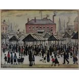 LAURENCE STEPHEN LOWRY signed print - busy market scene with numerous figures, signed fully in