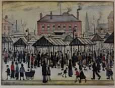 LAURENCE STEPHEN LOWRY signed print - busy market scene with numerous figures, signed fully in