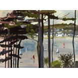 DRUIE BOWETT mixed media - Cornish Estuary with pine trees, sailing boats and buildings, entitled