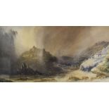 CHARLES EDWARD BRITTAN watercolour - coastal scene with settlement behind harbour wall, signed, 31 x