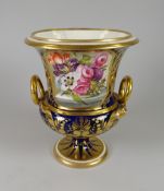 A NINETEENTH CENTURY DERBY PORCELAIN CAMPANA URN with serpent handles gilded and with cobalt blue