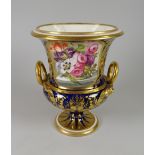 A NINETEENTH CENTURY DERBY PORCELAIN CAMPANA URN with serpent handles gilded and with cobalt blue