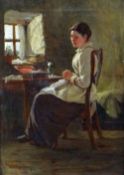 WILLIAM MURRAY MACKENZIE (fl. 1850-1908) oil on canvas - lady seated beside a window with sewing