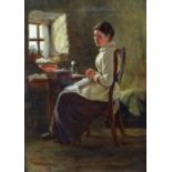 WILLIAM MURRAY MACKENZIE (fl. 1850-1908) oil on canvas - lady seated beside a window with sewing