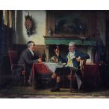 CHARLES MEER WEBB oil on canvas - interior with two gentleman sitting at the table in conversation
