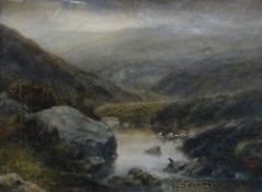 CLEMENT BURLISON oil on canvas - moorland scene with bird on a rock, indistinctly titled verso '