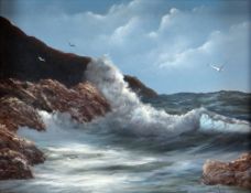 CLYDE OWES (American, 1925-2004) oil on board - crashing waves on rocks with gulls, 19 x 24cms