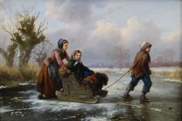 ALEXIS DE LEEUW (Belgian fl. 1848-1883) oil on board - winter scene with children pulling a wooden