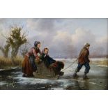 ALEXIS DE LEEUW (Belgian fl. 1848-1883) oil on board - winter scene with children pulling a wooden