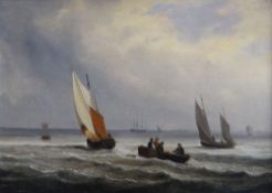 FOLLOWER OF JAMES WILSON CARMICHAEL oil on board - maritime scene with four figures in a rowing