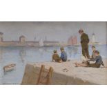 FARQUHAR McGILLIVRAY KNOWLES (1859-1932) oil on panel - group of boys fishing and lazing on a