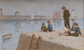 FARQUHAR McGILLIVRAY KNOWLES (1859-1932) oil on panel - group of boys fishing and lazing on a