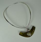 A NORWAY STERLING SILVER COLLAR NECKLACE & PENDANT by David Andersen, the curved enamel pendant with