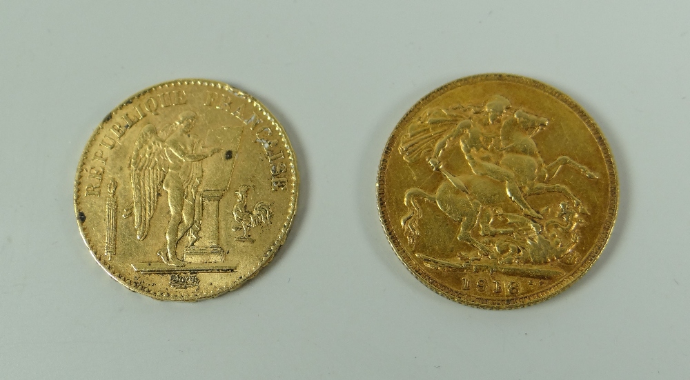 GOLD FULL SOVEREIGN DATED 1918 together with a gold twenty Franc-piece, 1877