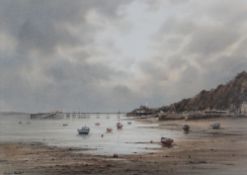 GRAHAME HADLOW watercolour - Mumbles lighthouse & pier with beached boats, 34 x 48cms