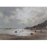 GRAHAME HADLOW watercolour - Mumbles lighthouse & pier with beached boats, 34 x 48cms