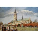 MODERN POLISH SCHOOL oil on board - church scene with figures, indistinctly signed obverse &