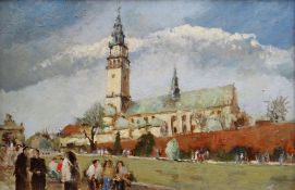 MODERN POLISH SCHOOL oil on board - church scene with figures, indistinctly signed obverse &