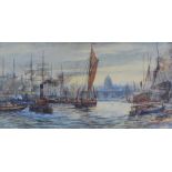 ALFRED PARKMAN watercolour - busy shipping scene on the River Thames with St Paul's and skyline