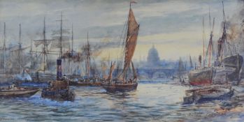 ALFRED PARKMAN watercolour - busy shipping scene on the River Thames with St Paul's and skyline