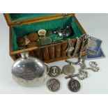 A NOVELTY 'SOUVENIR' MARQUETRY BOX & CONTENTS including silver watch-chains, coinage, nautical hip